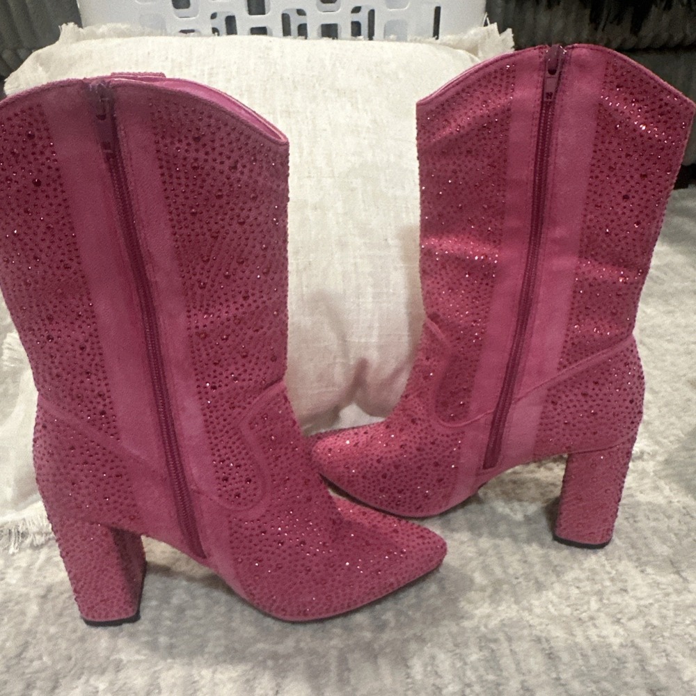 Pink Rhinestone Covered Boots High Heel Block Cowgirl Rodeo Western Women's 7 - Picture 14 of 16